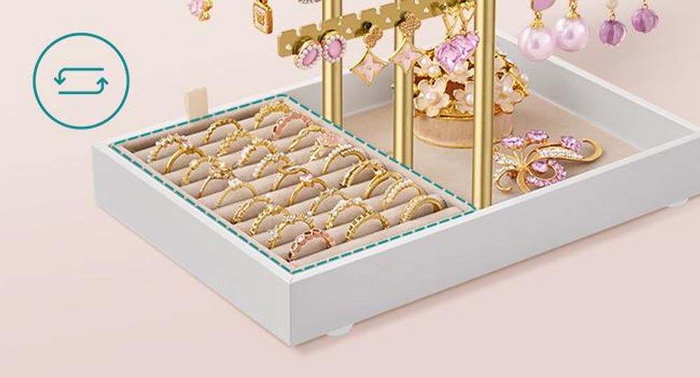 SONGMICS Schmuckständer mit abnehmbarem Ringhalter, Schmuck-Organizer, Tablett aus Plüsch, gold-beige