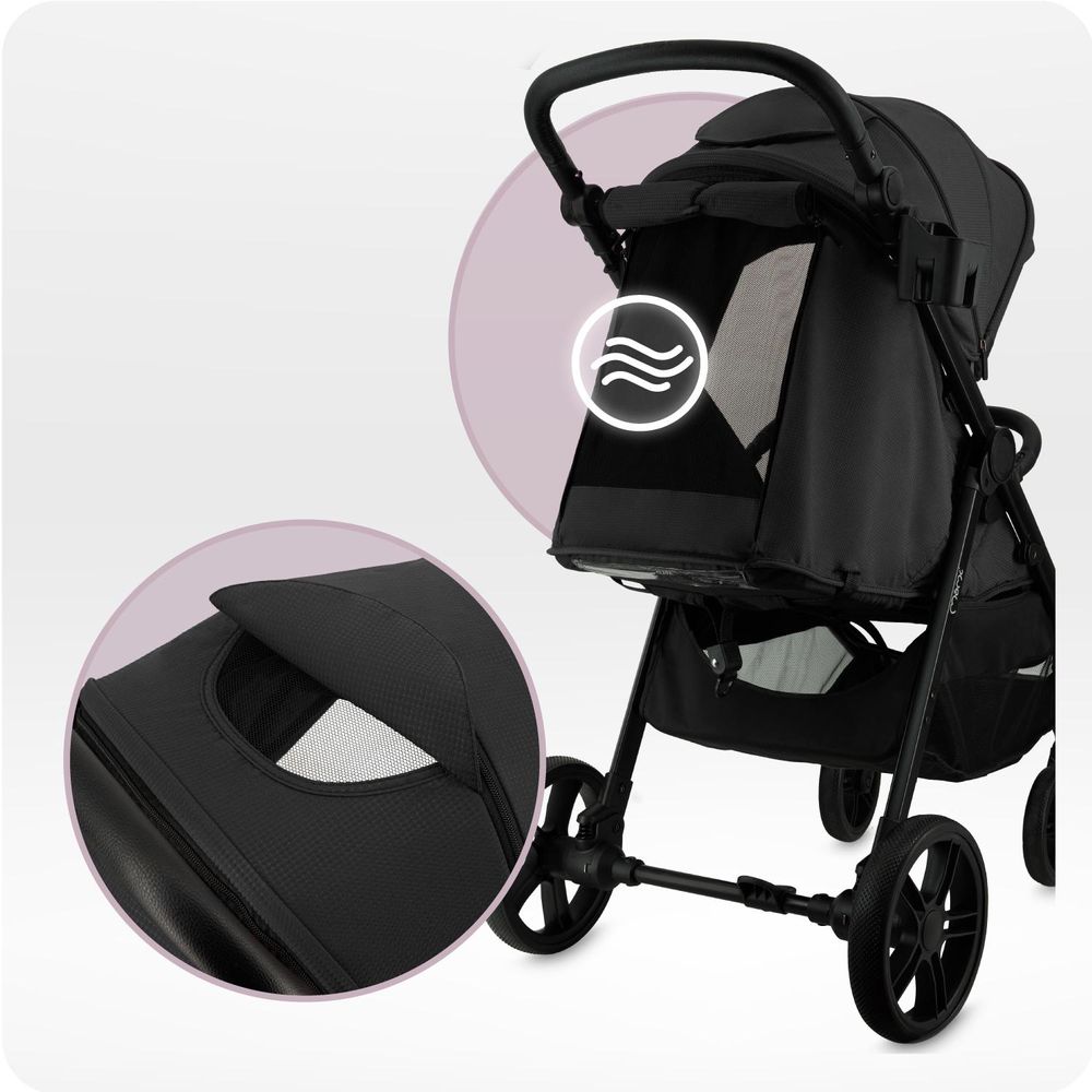 MoMi CLARA – Buggy ab Geburt, bis 22 kg, mit 4-Rad-Federung, Drehbügel & verstellbarem Schiebegriff, inkl. Tasche & Regenschutz – Schwarz