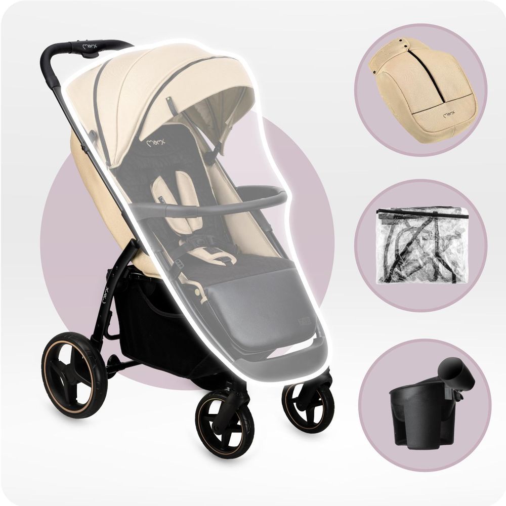 MoMi MIYA Kinderwagen Buggy – 10" Räder, Moskitonetz, Regen- & Fußschutz – Beige