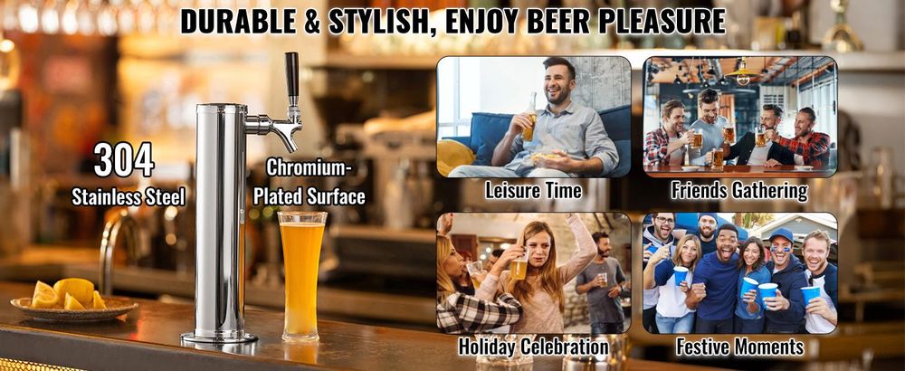 VEVOR Kegerator-Bierturm-Kit, Einzelzapfhahn-Bierumrüstsatz, Edelstahl-Fass-Bierturm-Zapfanlage mit Doppelmessgerät W21.8-Regler und S-System-Fasskupplung für Partys zu Hause