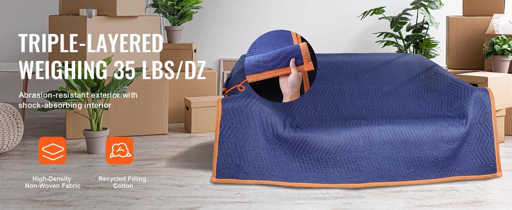VEVOR Umzugsdecken, 203,2 x 182,9 cm, 15,9 kg/dz Gewicht, 12 Pakete, Professionelle Vlies- & recycelte Baumwollpackdecke, Robuste Umzugsunterlagen zum Schutz von Möbeln, Böden, Geräten, Blau/Orange, 35 lbs/dz
