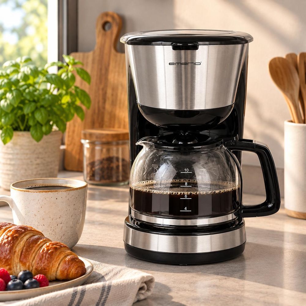 Filterkaffeemaschine mit Glaskanne und Kaffee auf einer gemütlichen Küchenarbeitsplatte.