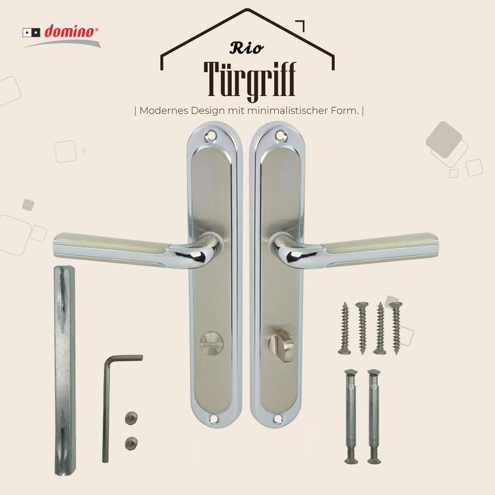 DOMINO Türgriff 78 Drückergarnitur WC - Badezimmer Set | Links & Rechts Türbeschlag für WC/Badezimmertüren | L-Form | Aluminium | Silber | RIO M6/M9 |