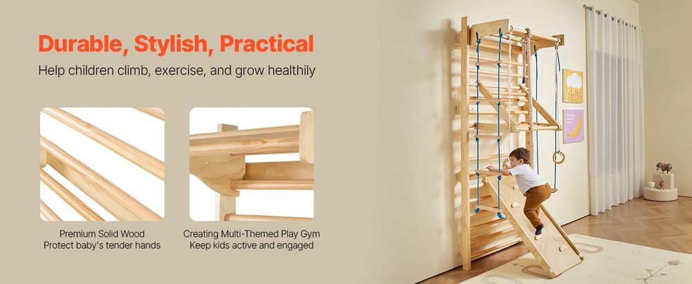 VEVOR Schwedische Leiter Wandgymnastik, 8-in-1 15 Stufen Massivholz Indoor Dschungelgymnastik, 220LBS Wand-Stangen-Kletterspielset mit Wandleiter, Rutschbrett, Klimmzugstange, Gymnastikringen, Schaukelsitz, Seilleiter, 15-lagiger Griffstab