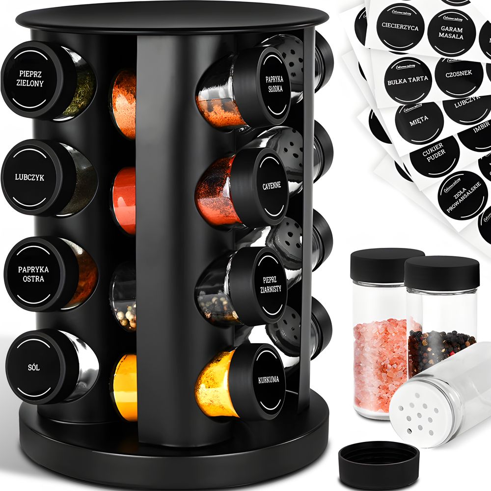 Gewürzkarussell 360° Drehbar mit 16 luftdichten Gewürzgläsern, Gewürzregal Organizer inkl. 96 Etiketten, Gewürzhalter Set für Küche aus Schwarz Retoo