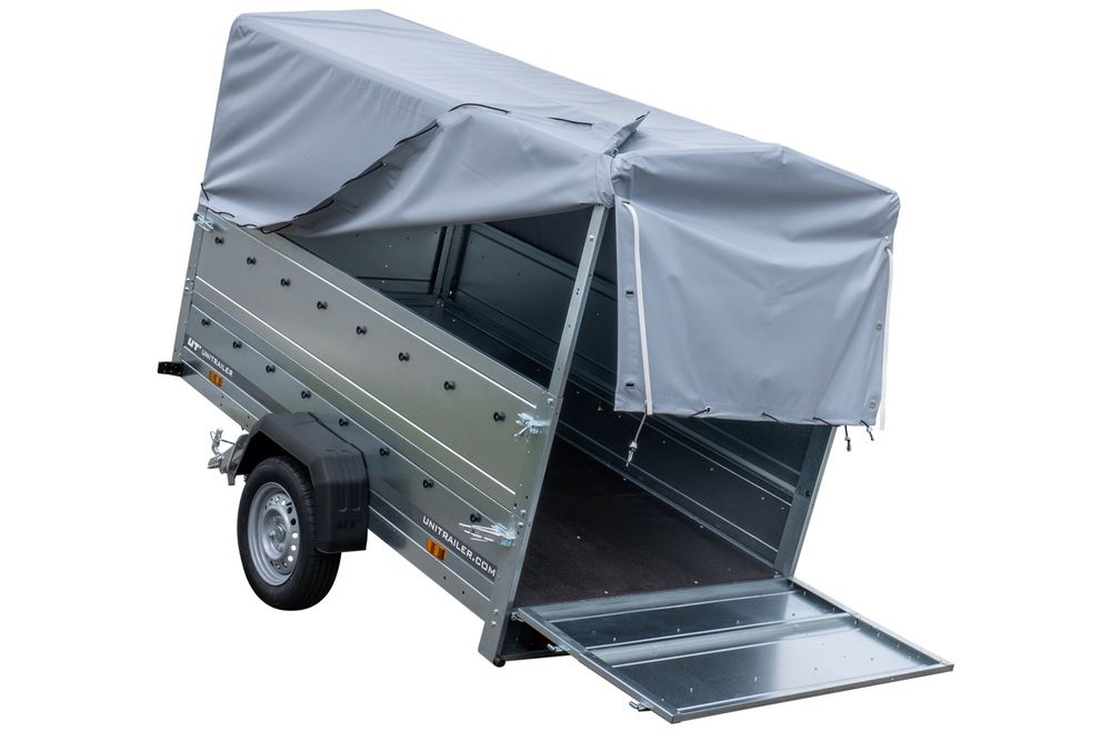 PKW-Anhänger 230x125 UNITRAILER GARDEN 230 KIPP mit Zusatzbordwändenund grauer Hochplane 80 cm