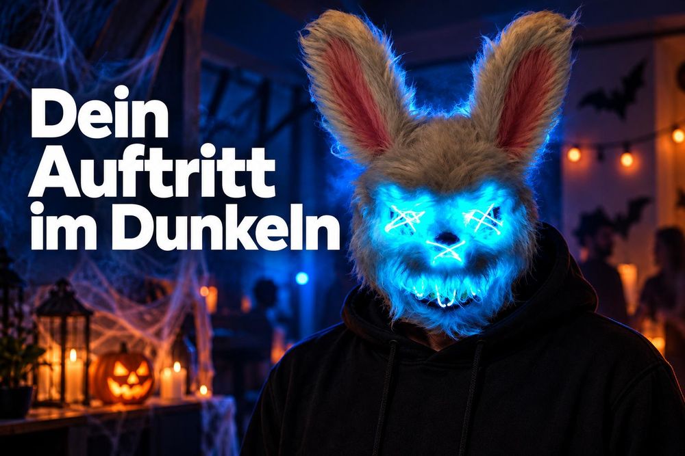 Erwachsene Person mit leuchtender Hasenmaske und schwarzem Oberteil
