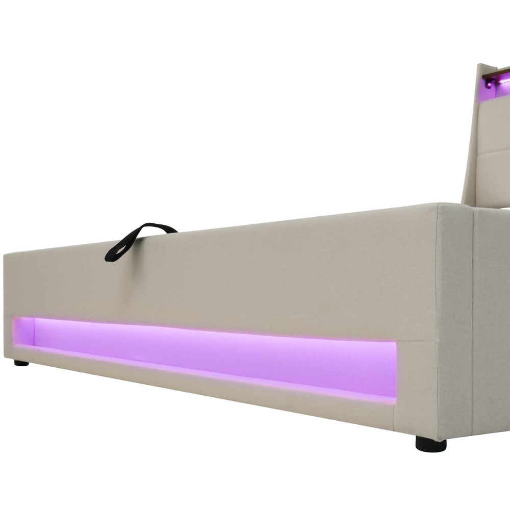 MODFU Boxspringbetten Polsterbett 90x200cm, Einzelbett Hydraulisches Bettkasten mit LED-Erleuchtung und USB(Ohne Matratze),Beige