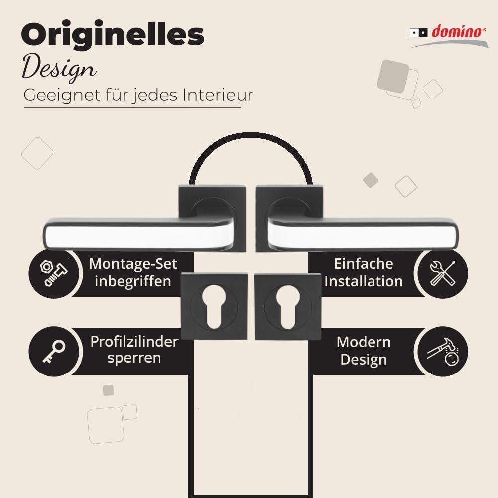 DOMINO Türgriff Drückergarnitur PZ - Profilzylinder Set | quadratische Rosette | Türklinke für Zimmertür, Bürotür, Kellertür & Innentür| Türbeschläge aus Aluminium| Schwarz/Weiss Türdrückergarnitur | AXE-QR Black/White