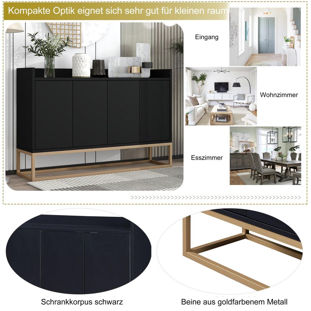 Sideboard, Kommode mit verstellbaren Einlegeböden und goldenen Metallrahmen, Kommode mit 4 Türen, Anrichte, Buffet, Breite: 120cm