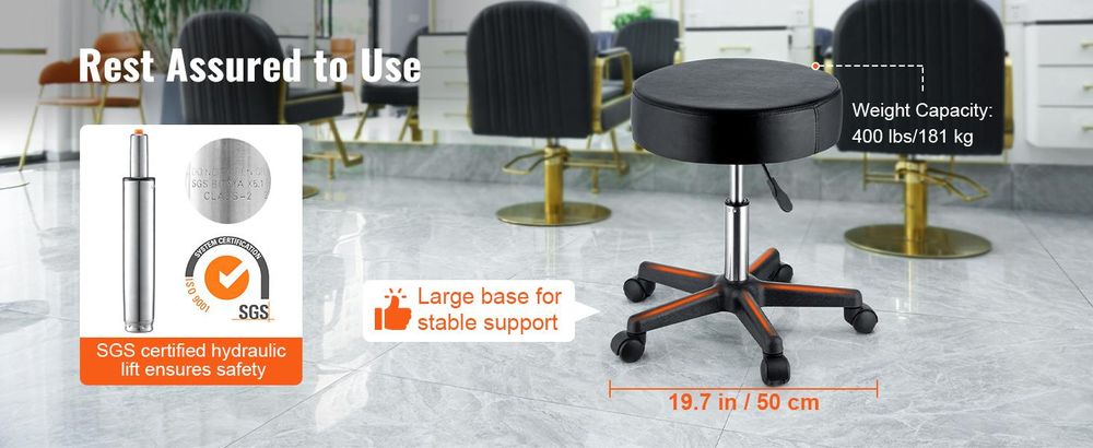 VEVOR Rollhocker mit Rädern, 181,4 kg Tragfähigkeit, höhenverstellbarer Hocker mit ultra-dickem Sitzkissen, drehbarer Hockerstuhl für Salon, Bar, Zuhause, Büro, Tattoo, Medizin, Massage, Schwarz, 181 kg, Schwarz