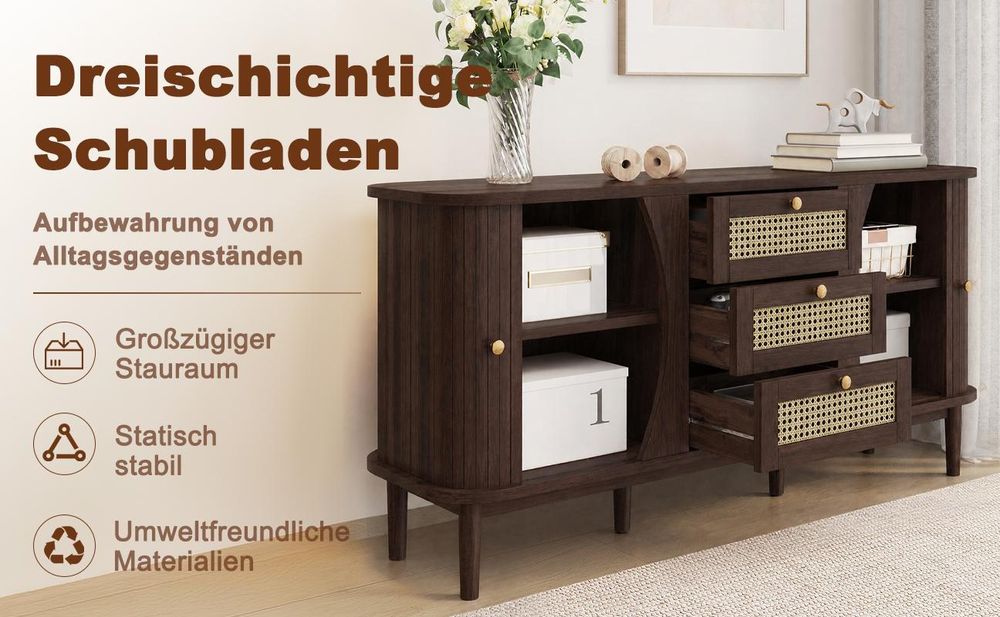 okwish Sideboard, Rattanschrank Rattankommode mit drei Schubladen, Kommode mit Schiebetüren Holzfarbe