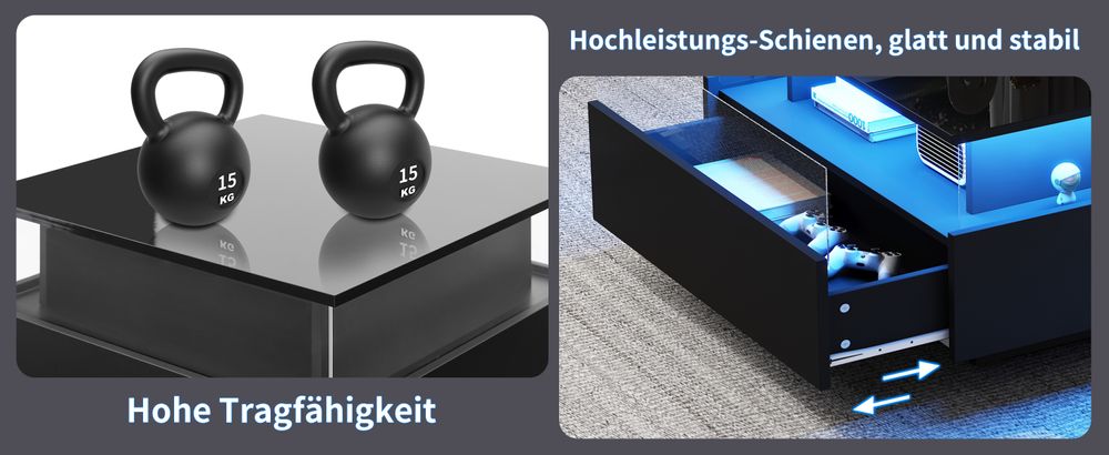 MODFU Couchtisch Wohnzimmertisch LED-Hochglanz für Wohnzimmer, Schlafzimmer, Beistelltisch Quadratischer mit 2 Schubladen und transparentem Präsentationsbereich, Schwarz