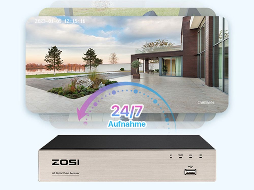 ZOSI 8CH H.265+ DVR Video Überwachungssystem mit 4 Außen 2.0MP Überwachungskamera Set ohne Festplatte, IR Nachtsicht, Bewegungsalarm