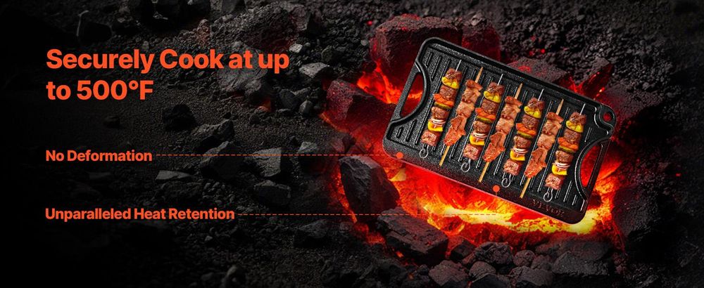 VEVOR Wender Grill/Griddle, 9,7"x16,7" Vorgewürzter Gusseisen-Griddle, Rechteckige Doppelbrenner-Griddle-Pfanne, Antihaft-Familienpfanne mit Griffen, Flache Platte für BBQ, Gasgrill, Schwarz, 185x342 mm