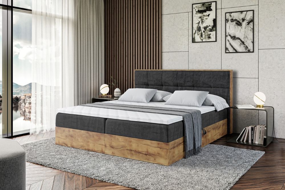 ALTDECOR Boxspringbett LOLLI7 mit H3-Matratze, Kopfteil und Eiche-Holz Bettkasten -  180x200 - Schwarz Samt