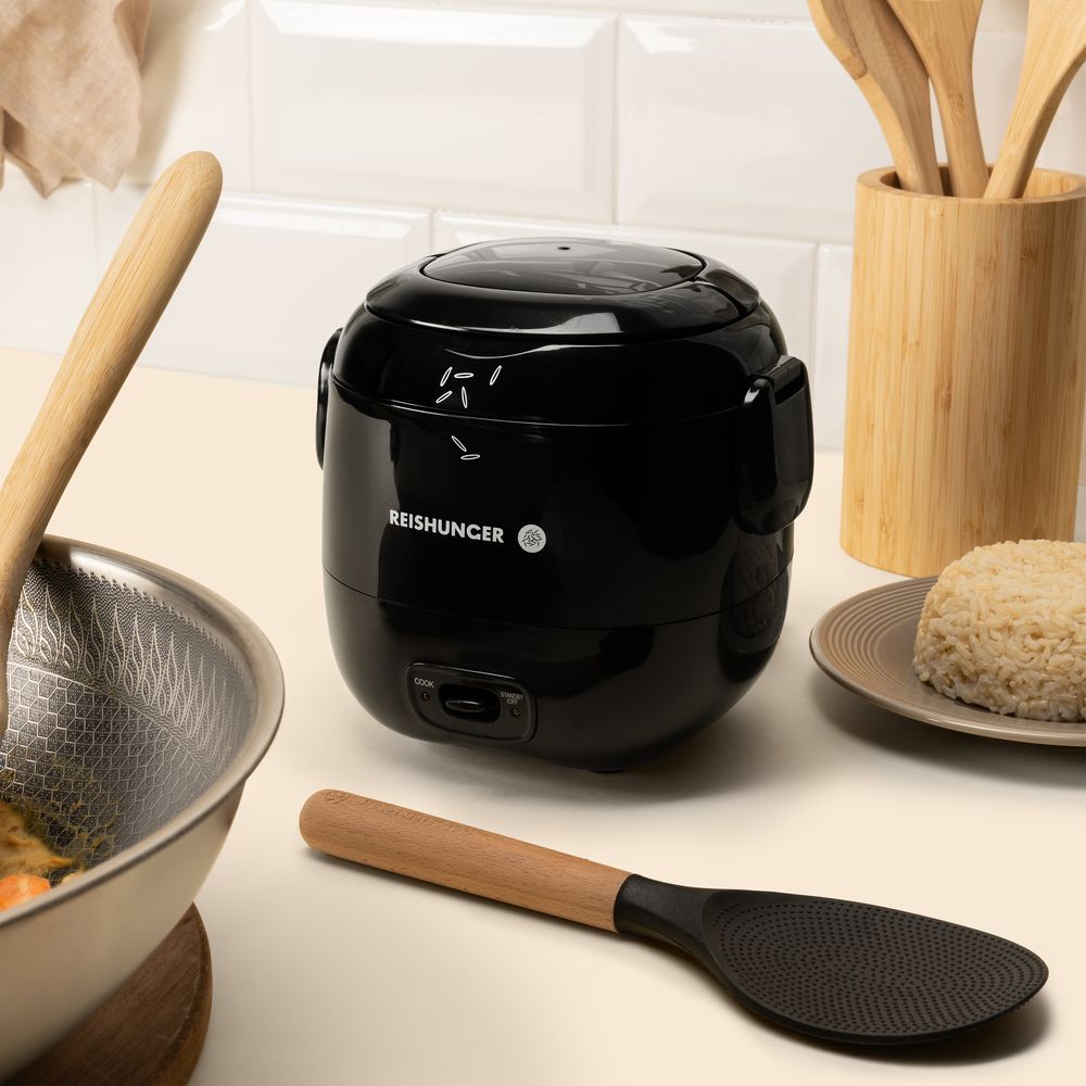 REISHUNGER Mini Reiskocher, schwarz | 0,3 L 1-2 Portionen | hochwertige Keramikbeschichtung Premium Topf | Handliche Größe für kleine Haushalte