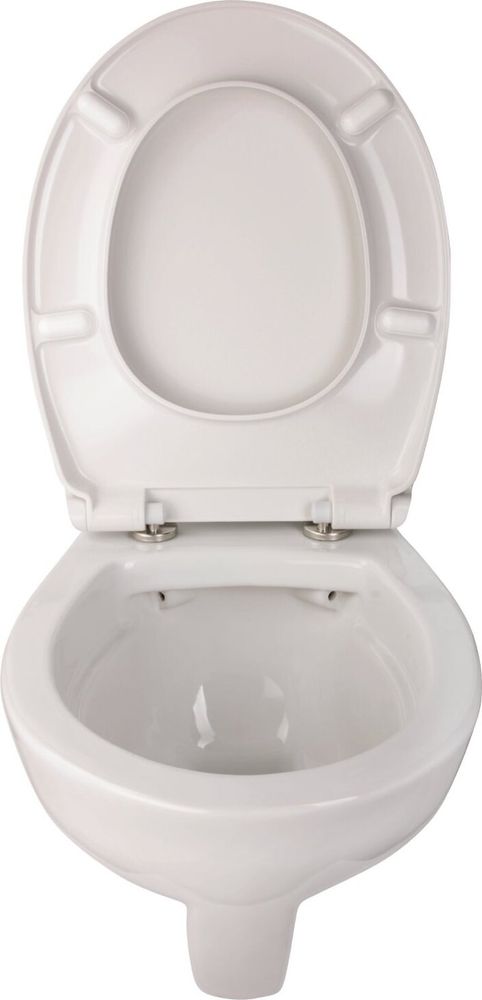 Calmwaters® Erhöhtes Wand WC spülrandlos Modern Plus mit Toilettendeckel, +6 cm Erhöhung, erhöhte Toilette inkl. abnehmbarem WC Sitz mit Absenkautomatik und Fast-Fix, Komfort Tiefspüler, Weiß