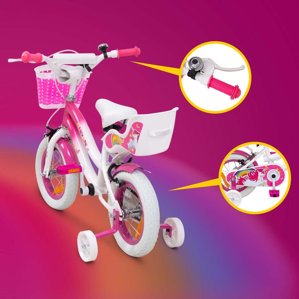 Actionbikes Kinderfahrrad Unicorn 12 Zoll | Kinder Fahrrad - V-Brake Bremsen - Kettenschutz - Fahrradständer - Antirutschgriffe - 6-9 Jahre (Pink)