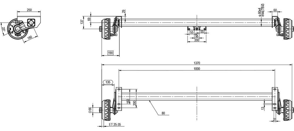 KNOTT gebremste Achse 1350 kg 1000 mm für schwere Anhänger und Autotransporter