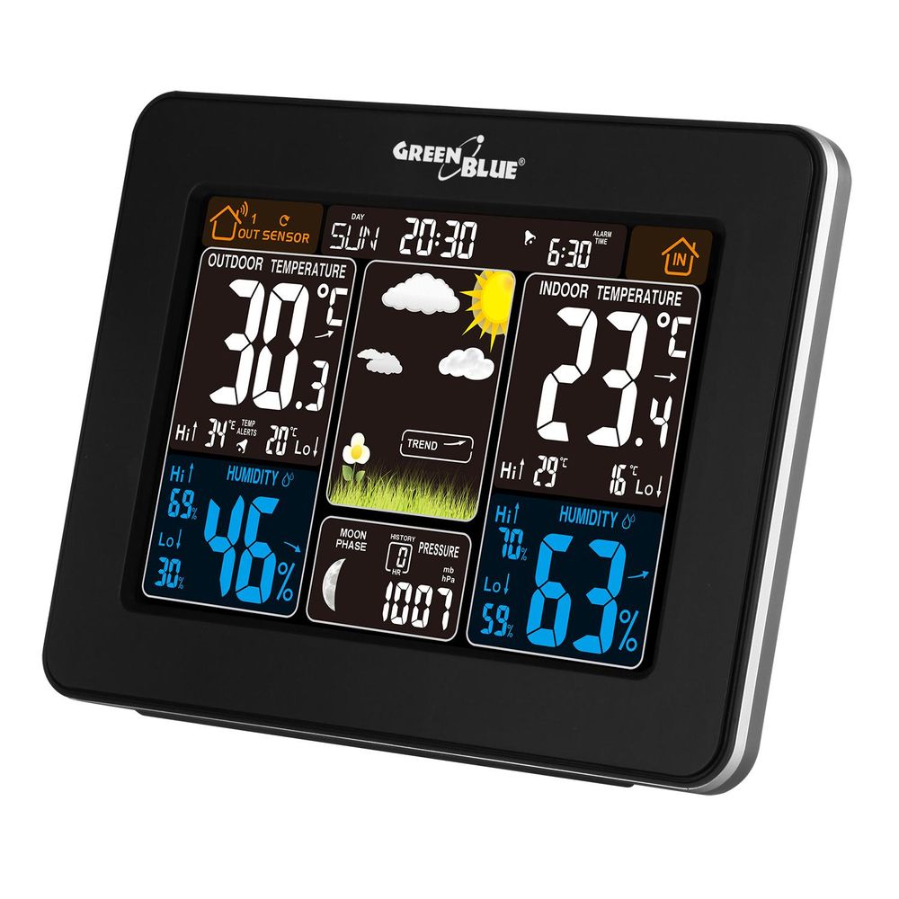 Wetterstation Alarm Wecker Farbdisplay Innen Außen Temperatur GreenBlue GB523