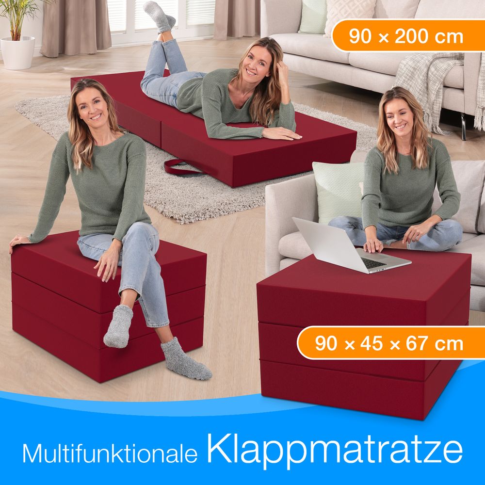 ELONEO Klappmatratze, Gästematratze, 3-teilige Faltmatratze, Schaumstoff extra dick(15cm), Bandscheibenwürfel, klappbar, faltbare Matratze, (Rot)
