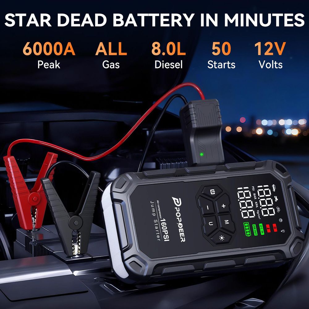 POPDEER PD-JA66 Starthilfegerät 6000 A mit Luftkompressor 160 PSI, für alle Benzin- und 8L-Dieselmotoren, LCD-Display, USB-Anschluss, LED-Leuchte