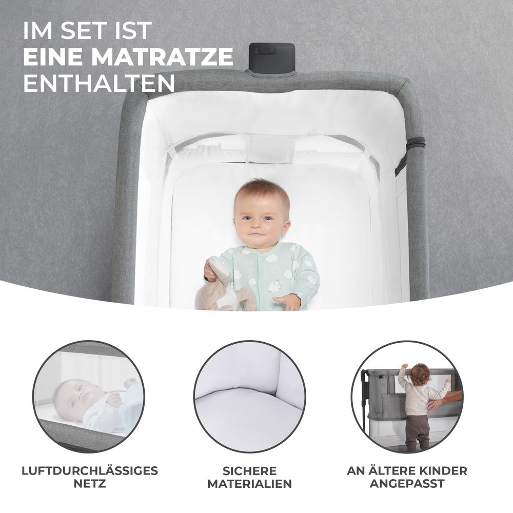 Kinderkraft NESTE GROW - 3-in-1 Beistellbett - höhenverstellbar - 2-stufige Neigung - für Babys bis 2 Jahre - inkl. Matratze - Grau