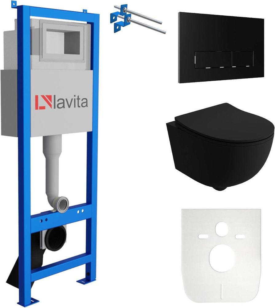 Lavita LAV 101 Vorwandelement für WC 40cm + Wand Hänge Tiefspül WC BRAVA Schwarz Spülrandlos + Bedienplatte LAV 200.3.4 Schwarz | Komplettset | Unterputz Spülkasten | Toilette Komplett Sett