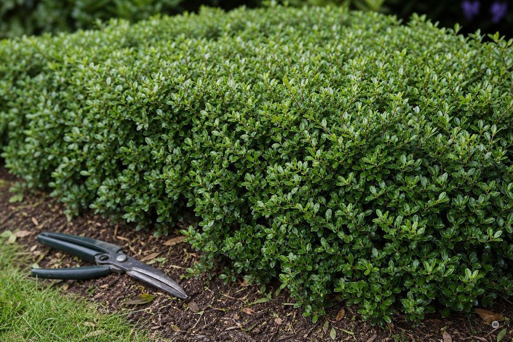 Gepflegte Mini-Hecke, Kalenderblatt-Symbolik: ein einziger Schnitttermin markiert.