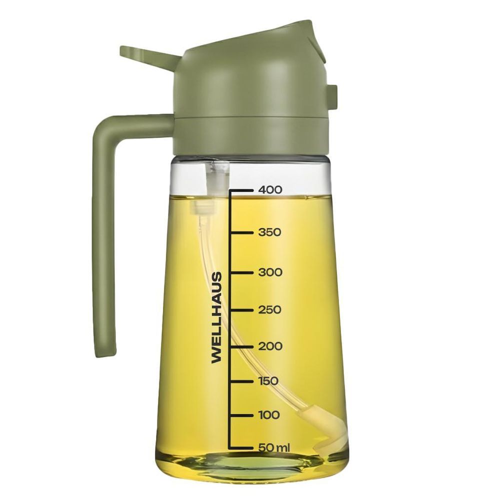 WELLHAUS Olivenölspender & Ölsprüher 2in1 – 470 ml Glas Ölspender mit UV-Schutz, lichtdicht, Ölausgießer & Ölsprühflasche für Heißluftfritteuse, Küche, Kochen, Braten, Salat, Grill & BBQ