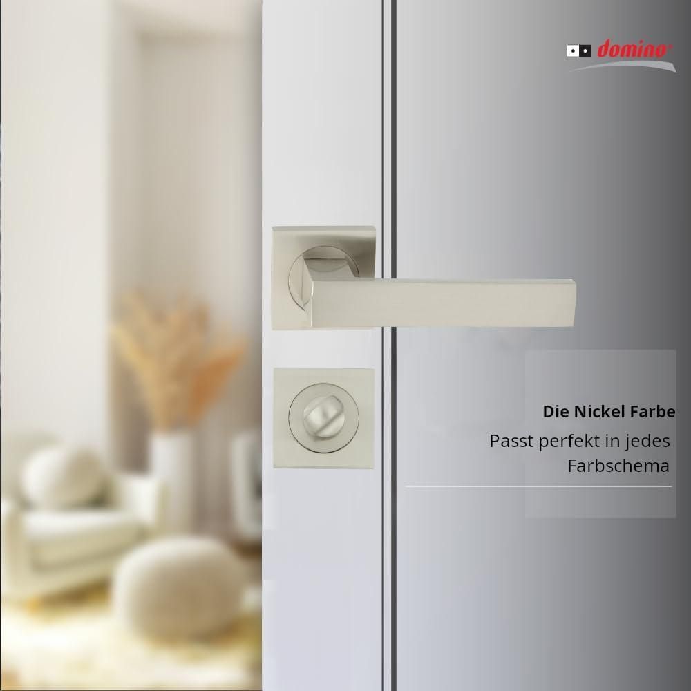 DOMINO Türgriff Drückergarnitur WC - Badezimmer Set | mit quadratischen Rosetten | für Badezimmertüren | Set WC - Rosetten-Garnitur | Türbeschläge aus Aluminium |Nickel Türdrückergarnitur | QUBIK-QR M9