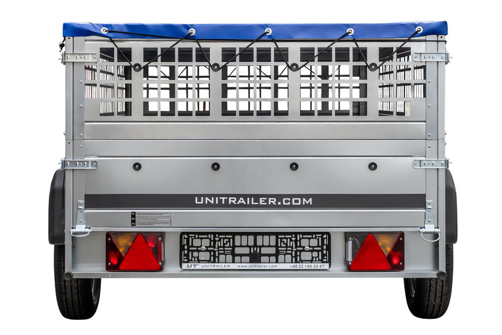 Pkw Transport Anhänger 230x125 Garden Trailer 230 KIPP mit Laubgitteraufsatz, blauer Flachplane, Planenträgern und Stützrad