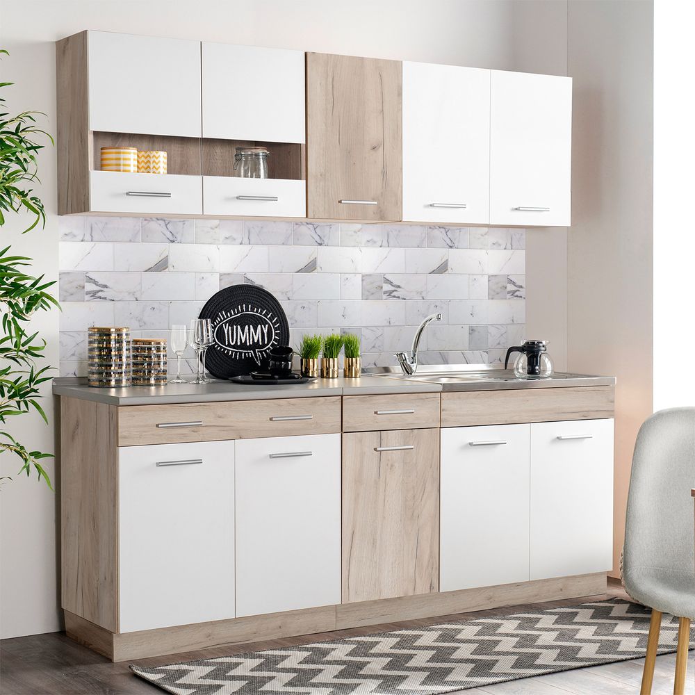Homestyle4u Küche Küchenblock 200 cm Weiß Küchenzeile ohne Geräte Einbauküche Singleküche