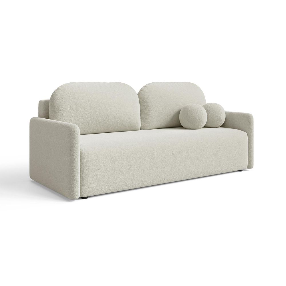 DEKORI Skandinavisches Sofa MALVA – 3-Sitzer Stoffsofa mit runden Kissen - QUELLE 05 (Beige)