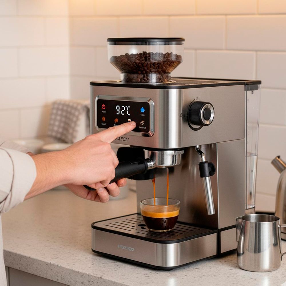PRIXTON Espresso-Kaffeemaschine Napoli mit integriertem Mahlwerk, 22 Mahlgrade, 20 Bar, 1350W, Doppelauslauf, Dampfdüse, für Bohnen, Pulver & Kapseln