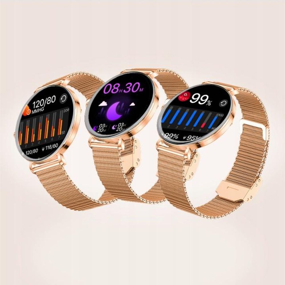 Forever Smartwatch dla modnych kobiet, Bluetooth, AMOLED, można dzwonić bezpośrednio z zegarka SB-370 Lucca różowe złoto - bransoleta Spotted