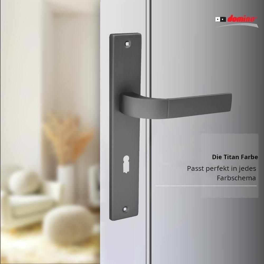 DOMINO Türgriff 72 Drückergarnitur BB-Buntbart Set | Langschildgarnitur | Türklinke für Zimmertür, Bürotür, Kellertür & Innentür | L-Form | Türbeschläge aus Aluminiuml | Titan Türdrückergarnitur |  FOKUS M8