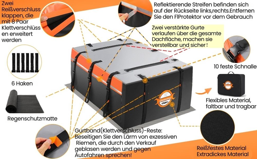 566L Auto Dachbox, Autodachtasche 1000D Faltbare wasserdichte Dachboxen mit Haken, Antirutschmatte & Reflektorstreifen, für Autos mit/ohne Dachträger
