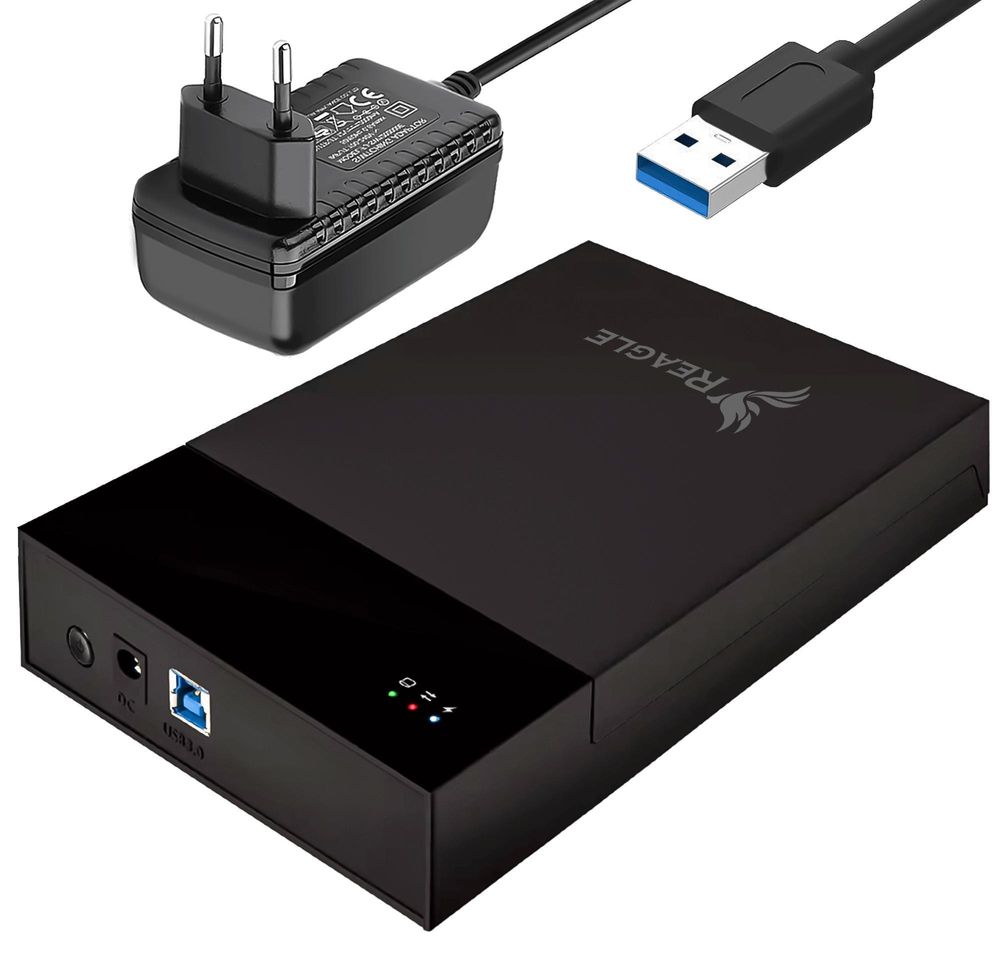 Festplattengehäuse 3.5 Zoll und 2.5 Zoll SATA HDD SSD Externe Festplatte USB 3.2 Gen 1 5Gbps Adapter Gehäuse mit Netzteil für PC Laptop Reagle Schwarz