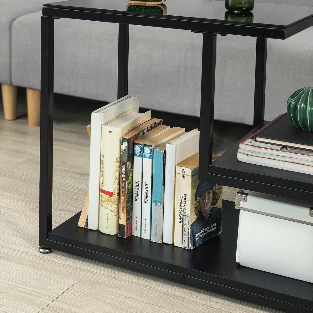SoBuy Beistelltisch mit Glasplatte Sofatisch Glastisch Couchtisch mit 3 Ablagen schwarz, BHT ca.: 65x55x35cm FBT65-SCH