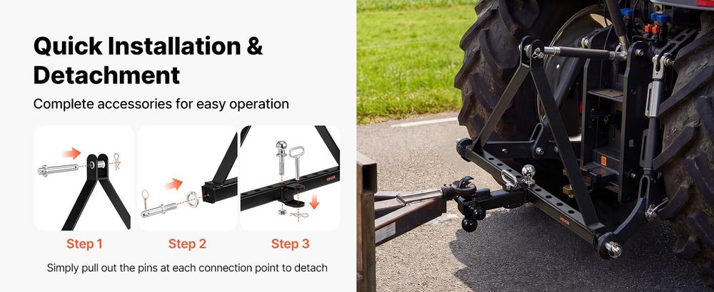 VEVOR 3-Punkt-Anhängerkupplung mit 2-Zoll-Anschluss, 3-Punkt-Schnellkupplung, 3.000 lbs Tragfähigkeit, Schwerlast-Traktor-Zugdeichsel-Adapter, kompatibel mit Kubota, Mahindra, John Deere, Massey Ferguson, 32 Zoll-Einzelring-Zug-Standard