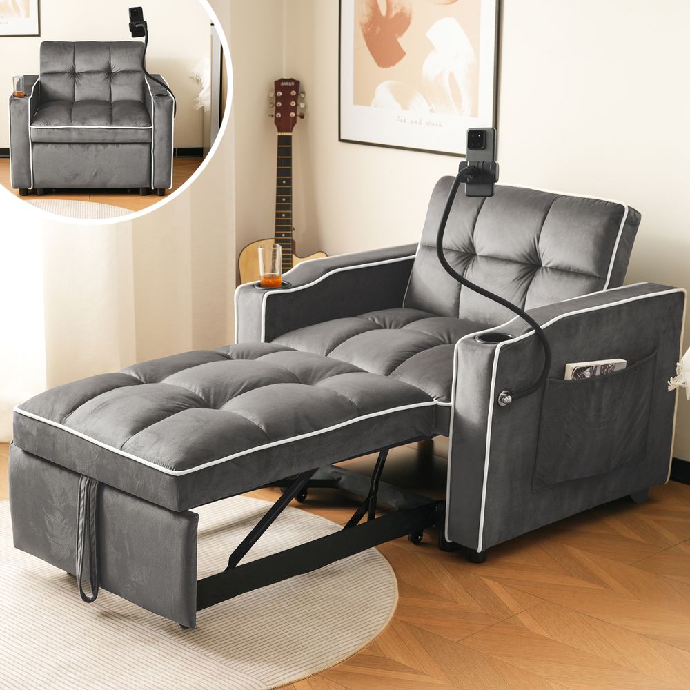 Merax Schlafsofa mit 3-in-1 Bettfunktion Loungesessel mit Getränke- & Handyhalter, Ausziehbares Sofa Liegestuhl, Dunkelgrau
