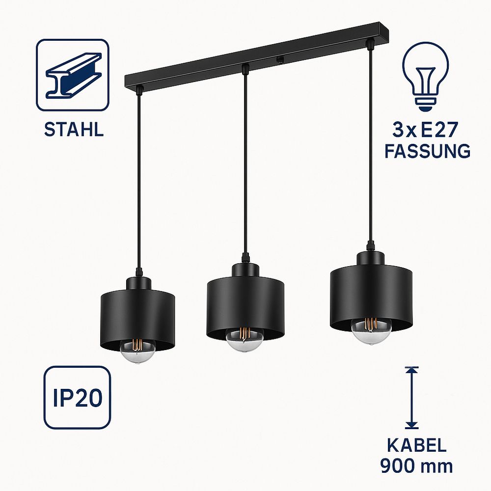 Präsentation einer dreifachen Deckenleuchte aus Stahl: 3x E27, 900mm Kabel, IP20.