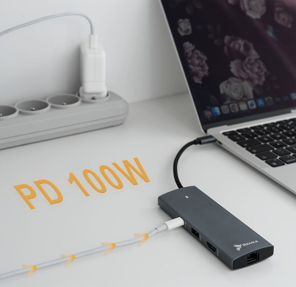 USB C Hub 6 in 1 Docking Station 4K 60Hz HDMI 100W PD Gigabit LAN RJ45 2x USB 3.2 USB C Datenport für Laptop MacBook Air Pro M1 M2 Silber Reagle