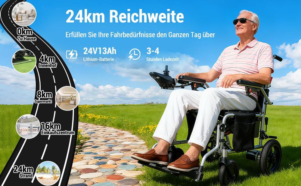 Elektrorollstuhl faltbar mit Joystick, Faltrollstuhl für Senioren, bequemer Sitz, Armlehnen, Fußstützen, bis 150 kg, Zuhause und Pflege