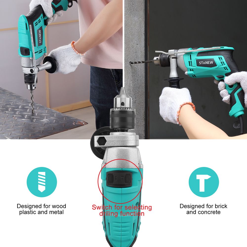 STANEW Schlagbohrmaschine 850W mit Kabel, 2 in 1 Schnur-Schlagbohrer 0–2700 U/min, 27 Zubehörteilen, 360° Drehgriff & 0-13mm Bohrfutter