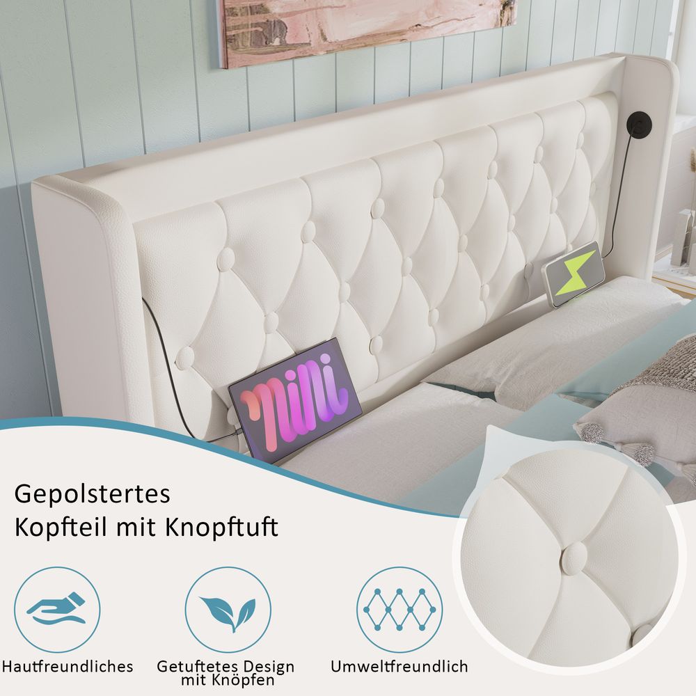 Flieks Polsterbett 160x200cm mit USB & Typ-C, Doppelbett Jugendbett mit LED, Hydraulisches Stauraumbett Boxspringbett mit Lattenrost, Kunstleder, Weiß