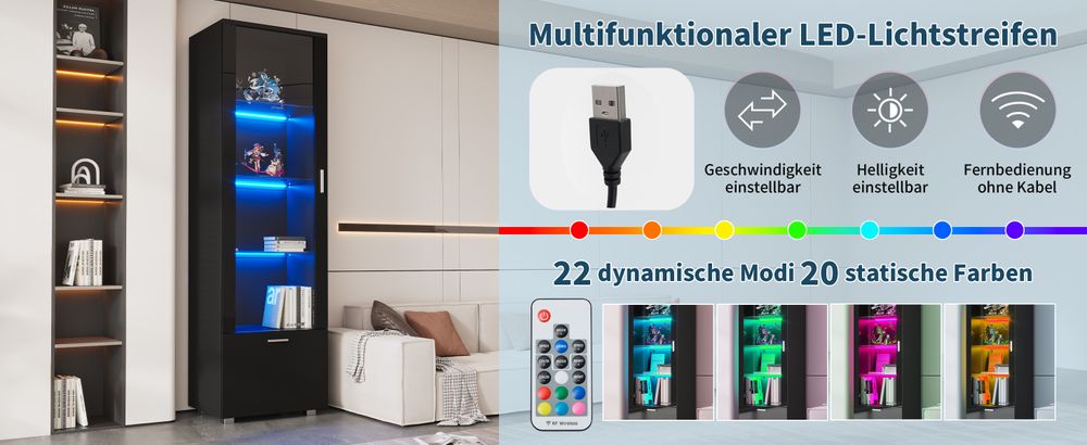 okwish Vitrine,Schwarze Hochglanzvitrinen mit Glastüren und LED-beleuchtete,Bücherregale und Acryl-Vitrine mit schwarzen Hochglanztüren,Schwarz