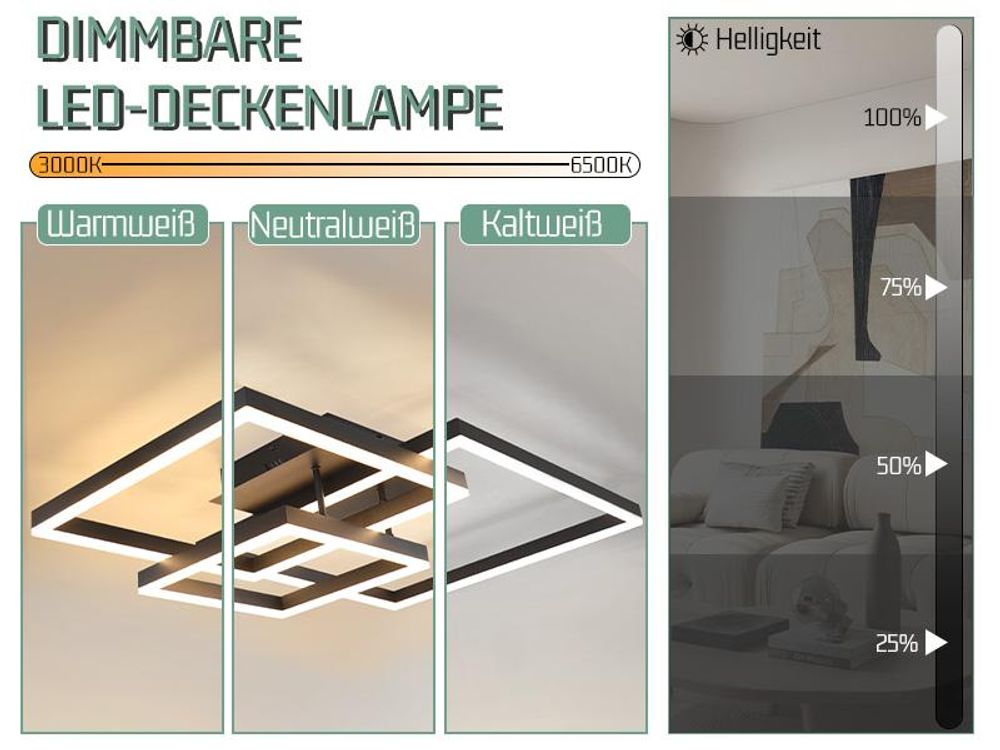 ZMH Lampa sufitowa LED Lampa sufitowa do salonu - ściemnialna czarna 61CM Lampa do salonu Nowoczesny design z pilotem Metalowe oświetlenie sufitowe